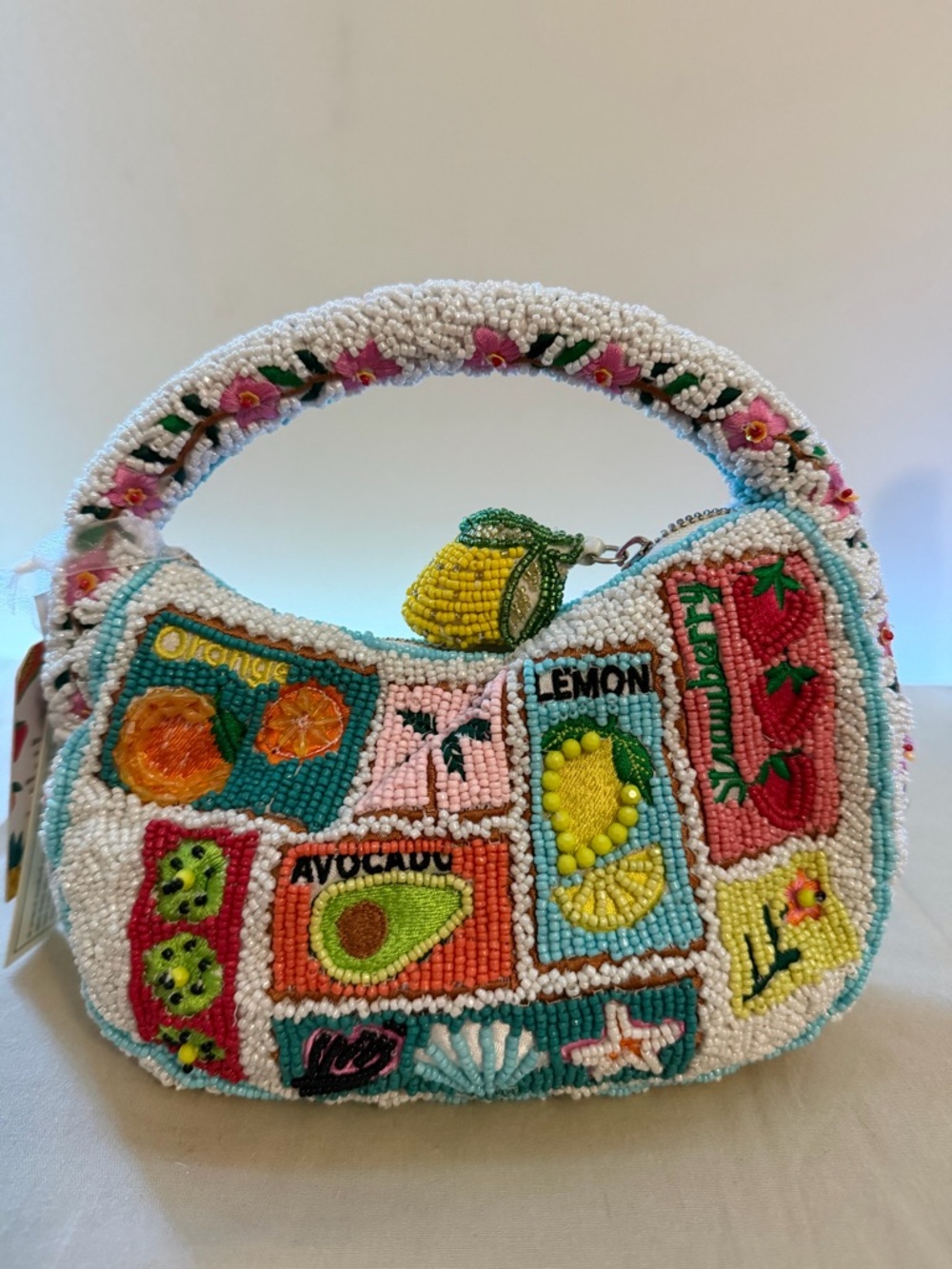 Beaded Fruit Patch Shoulder Bag - White & Aqua - Picture 4 of 5